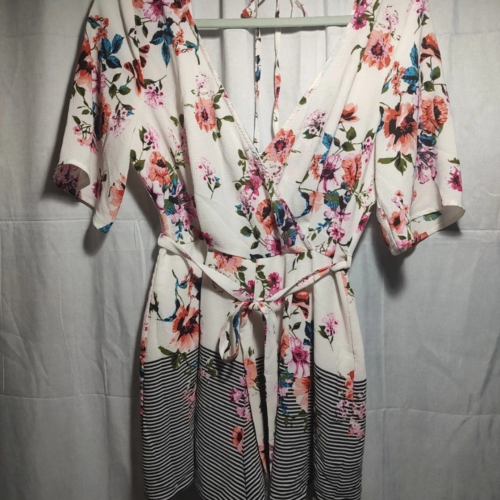 Floral Wrap Dress with Striped Hem